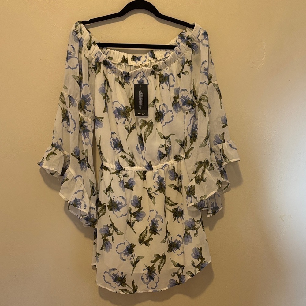 Blush Off-Shoulder Blouse with Blue and Green Floral Design